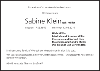 Anzeige von Sabine Klein von MGO