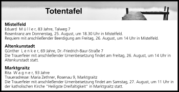 Anzeige von Totentafel vom 25.08.2016 von MGO