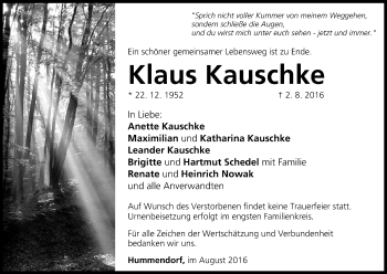 Anzeige von Klaus Kauschke von MGO