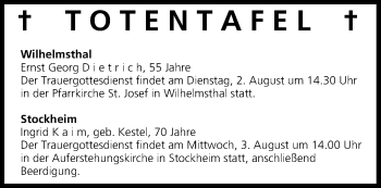 Anzeige von Totentafel vom 02.08.2016 von MGO