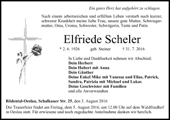 Anzeige von Elfriede Scheler von MGO