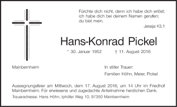 Anzeige von Hans-Konrad Pickel von MGO
