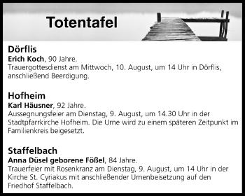 Anzeige von Totentafel vom 09.08.2016 von MGO