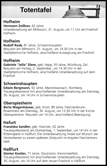 Anzeige von Totentafel vom 30.08.2016 von MGO