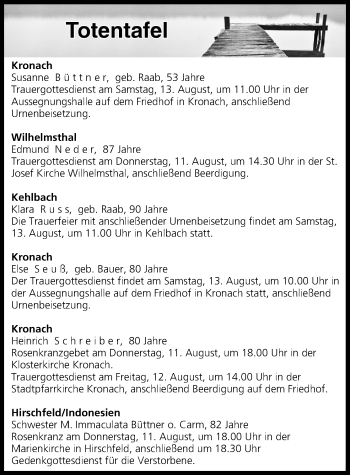 Anzeige von Totentafel vom 11.08.2016 von MGO