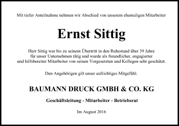 Anzeige von Ernst Sittig von MGO