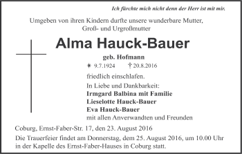 Anzeige von Alma Hauck-Bauer von MGO