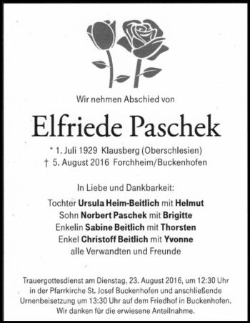Anzeige von Elfriede Paschek von MGO