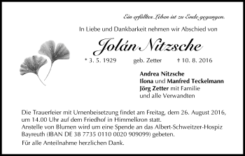 Anzeige von Jolán Nitzsche von MGO