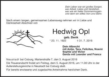 Anzeige von Hedwig Opl von MGO