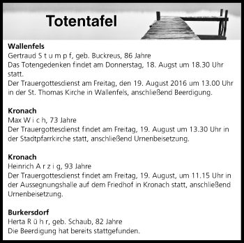Anzeige von Totentafel vom 18.08.2016 von MGO
