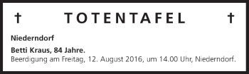 Anzeige von Totentafel vom 10.08.2016 von MGO