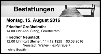Anzeige von Bestattungen vom 15.08.2016 von MGO