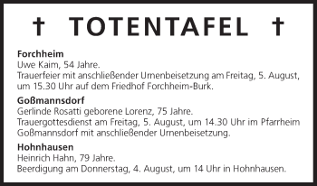 Anzeige von Totentafel vom 03.08.2016 von MGO