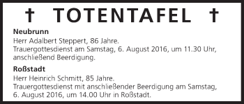 Anzeige von Totentafel vom 06.08.2016 von MGO