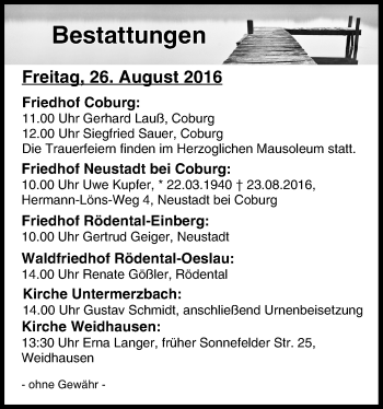Anzeige von Bestattungen vom 26.08.2016 von MGO