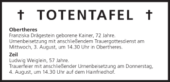 Anzeige von Totentafel vom 02.08.2016 von MGO