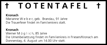 Anzeige von Totentafel vom 03.08.2016 von MGO