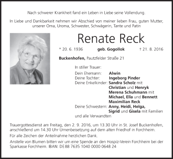Anzeige von Renate Reck von MGO