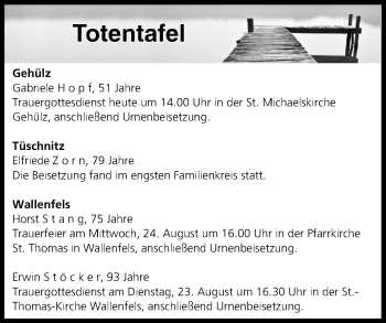 Anzeige von Totentafel vom 23.08.2016 von MGO