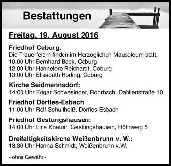 Anzeige von Bestattungen vom 19.08.2016 von MGO
