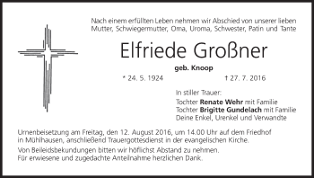 Anzeige von Elfriede Großner von MGO