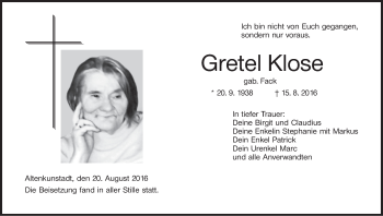 Anzeige von Gretel Klose von MGO