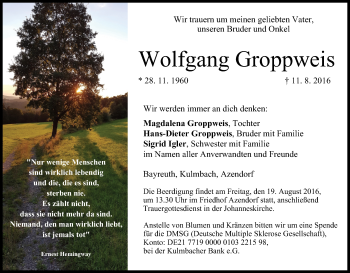 Anzeige von Wolfgang Groppweis von MGO