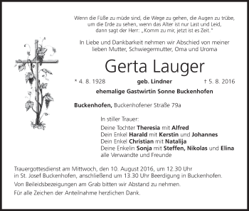 Anzeige von Gerta Lauger von MGO