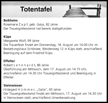 Anzeige von Totentafel vom 17.08.2016 von MGO