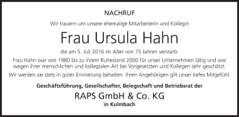 Anzeige von Ursula Hahn von MGO