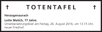 Anzeige von Totentafel vom 23.08.2016 von MGO