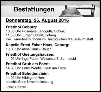 Anzeige von Bestattungen vom 25.08.2016 von MGO
