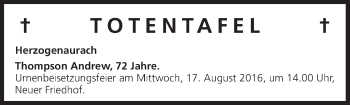 Anzeige von Totentafel vom 13.08.2016 von MGO