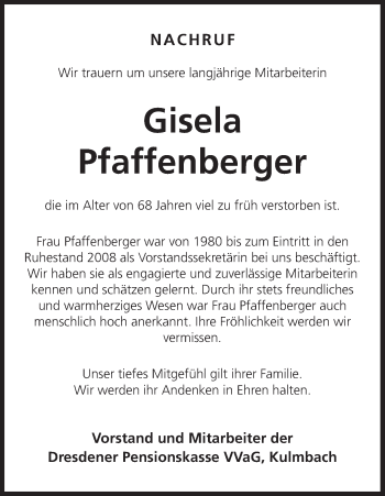 Anzeige von Gisela Pfaffenberger von MGO