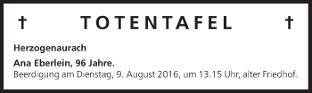 Anzeige von Totentafel vom 08.08.2016 von MGO