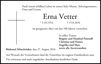 Anzeige von Erna Vetter von MGO