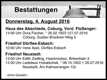 Anzeige von Bestattungen vom 04.08.2016 von MGO