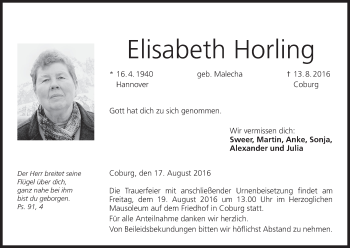 Anzeige von Elisabeth Horling von MGO