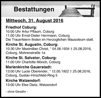 Anzeige von Bestattungen vom 31.08.2016 von MGO