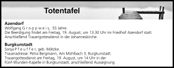 Anzeige von Totentafel vom 19.08.2016 von MGO