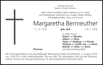 Anzeige von Margaretha Bernreuther von MGO