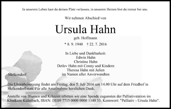 Anzeige von Ursula Hahn von MGO