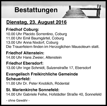 Anzeige von Bestattungen vom 23.08.2016 von MGO