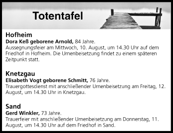 Anzeige von Totentafel vom 10.08.2016 von MGO