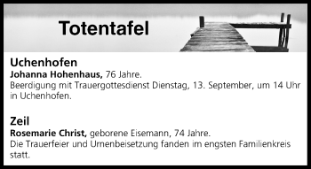 Anzeige von Totentafel vom 13.09.2016 von MGO