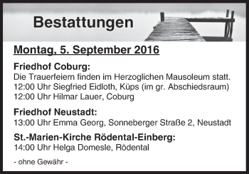 Anzeige von Bestattungen vom 05.09.2016 von MGO