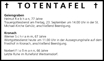 Anzeige von Totentafel vom 22.09.2016 von MGO