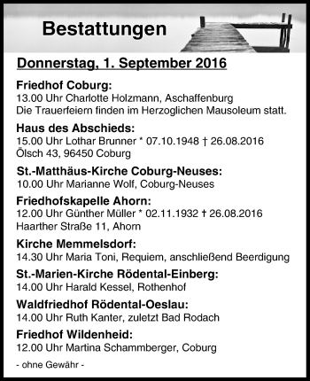 Anzeige von Bestattungen 01.09.2016 von MGO