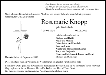 Anzeige von Rosemarie Knopp von MGO